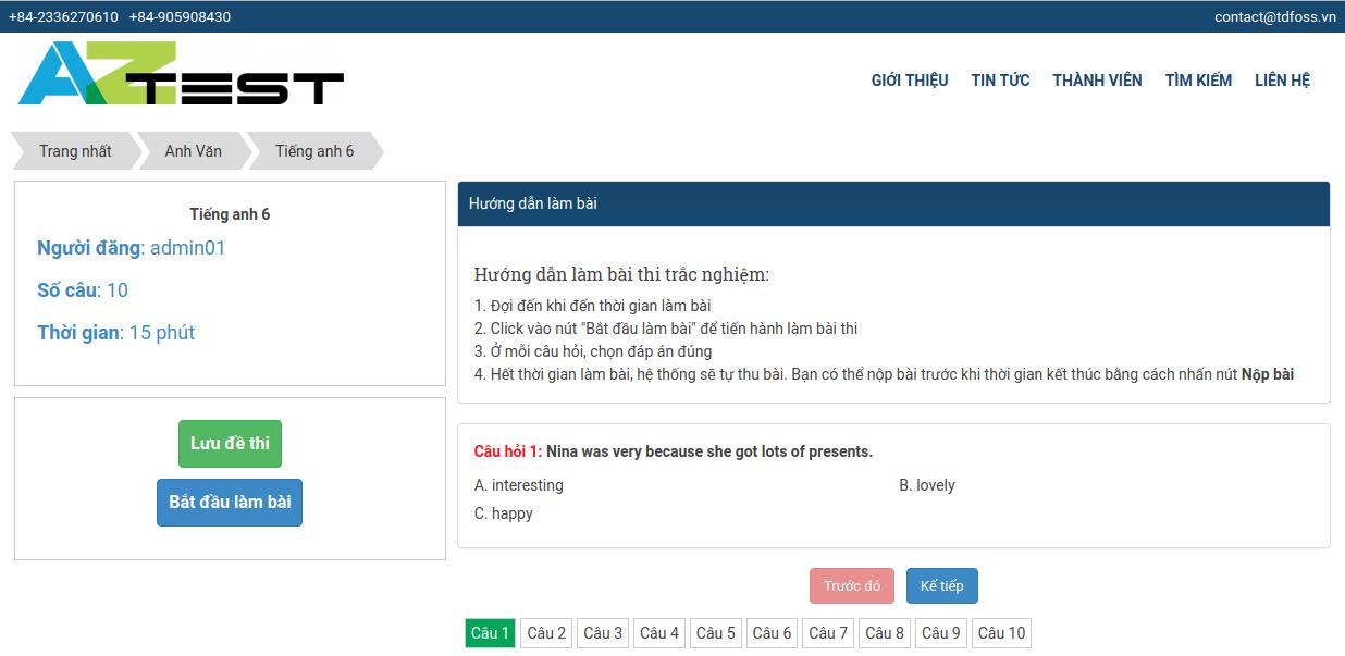 Giao diện bài thi của AZtest 